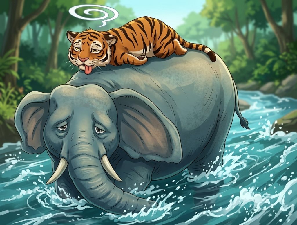 Elephant trying to save a tiger from raging floodwater
